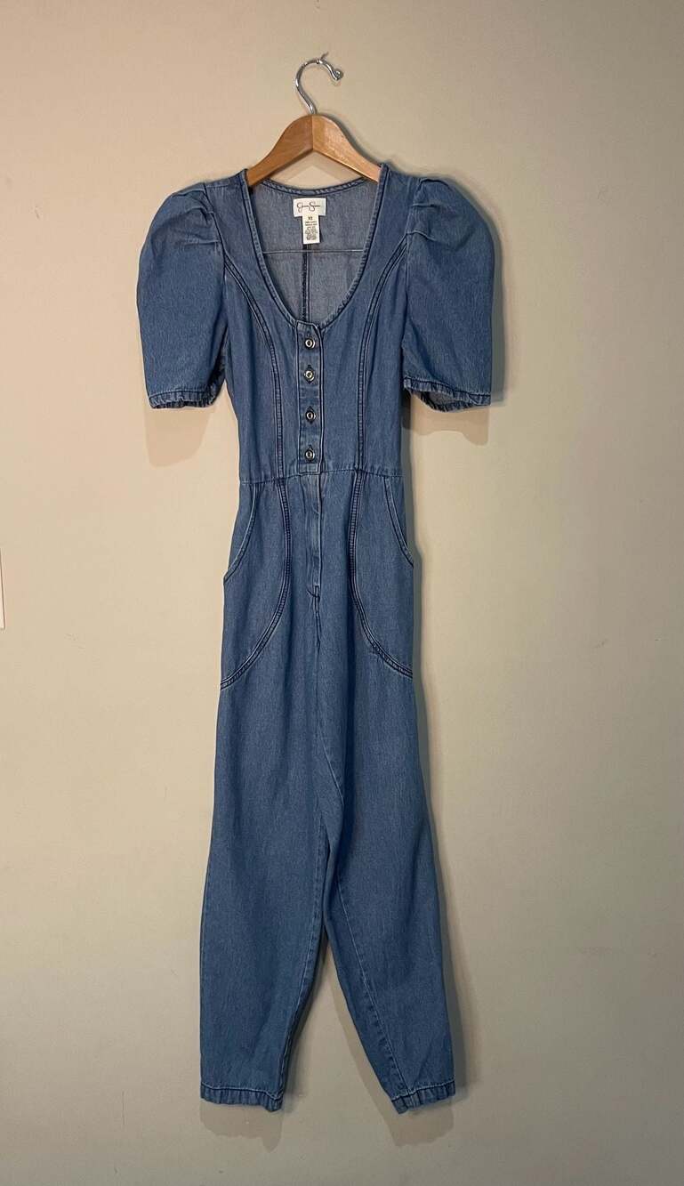 Jessica Simpson Women's Denim Jumpsuit Size XS Puff Sleeve Button Front